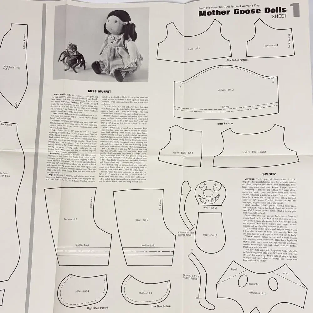 Woman's Day Mother Goose Dolls Sewing Pattern 6 Plush Cloth Doll VTG 1968